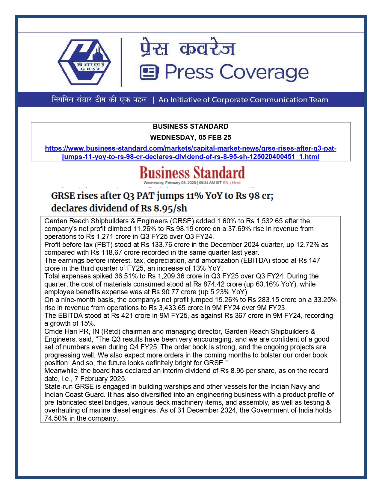 Press Coverage : GRSE rises after Q3 PAT jumps 11% YoY to Rs 98 cr; declares dividend of Rs 8.95/sh